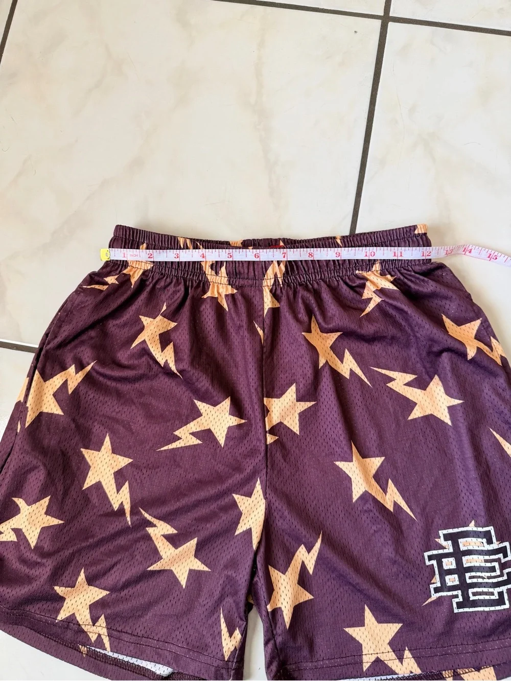 Kids Eric Emanuel Maroon Athletic Shorts with Gold Star & Lightning Pattern